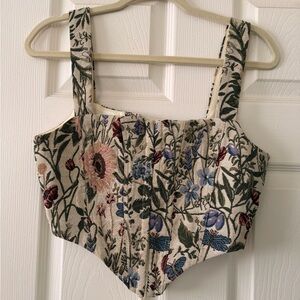 Floral Tapestry Corset Crop Top with Wide Straps - Beige
